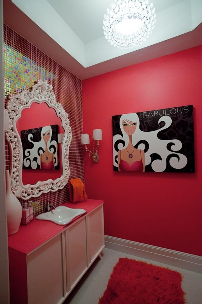 Tonåring-för-tjejer-badrum-vägg-design-dekorativa-spegel-röd-vägg