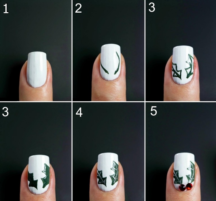 Nageldesign för jul och nyårsafton -bilder-röda-bär-vita-instruktioner