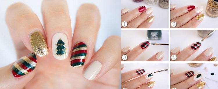 nageldesign-jul-nyårsafton-bilder-instruktioner-guld-mörk-grön-röd