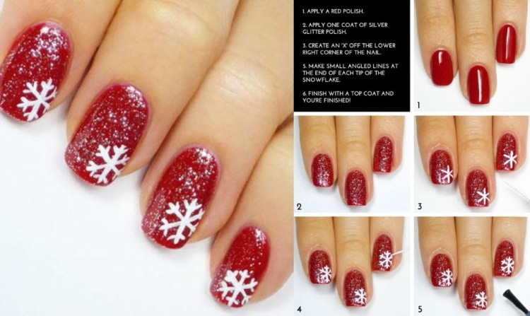 nageldesign-jul-nyårsafton-bilder-instruktioner-röda-snöflingor-vit-glitter