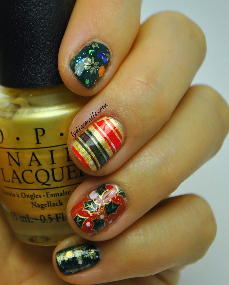 nageldesign-jul-nyårsbilder-festliga-olika-guld-rit-grön-röd-bär