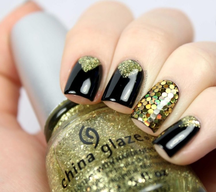 nageldesign-jul-nyår-bilder-svart-glitter-glamour-guld-instruktioner