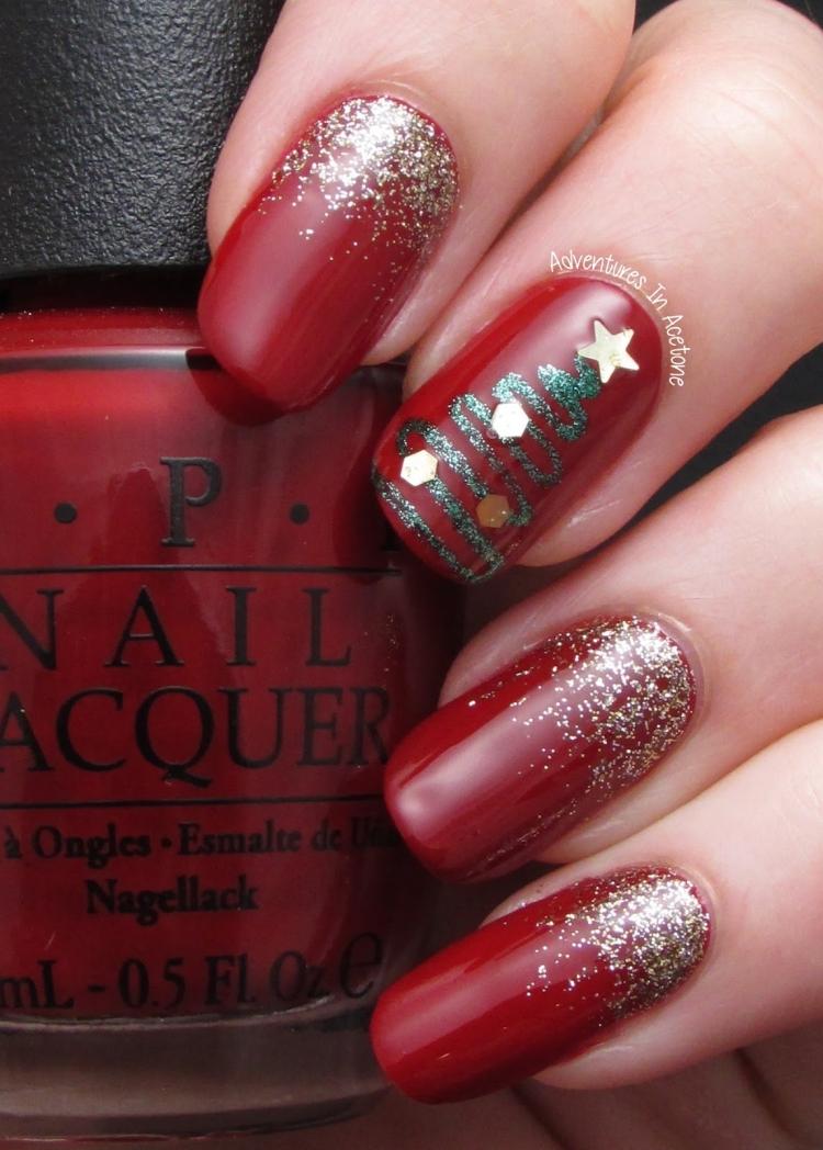 nageldesign-jul-nyår-bilder-klassisk-elegant-röd-glitter-julgran