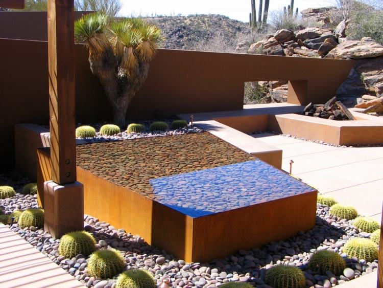 corten stål-trädgård-använd-höjd säng-trädgård design-vatten-kaktus-öken trädgård