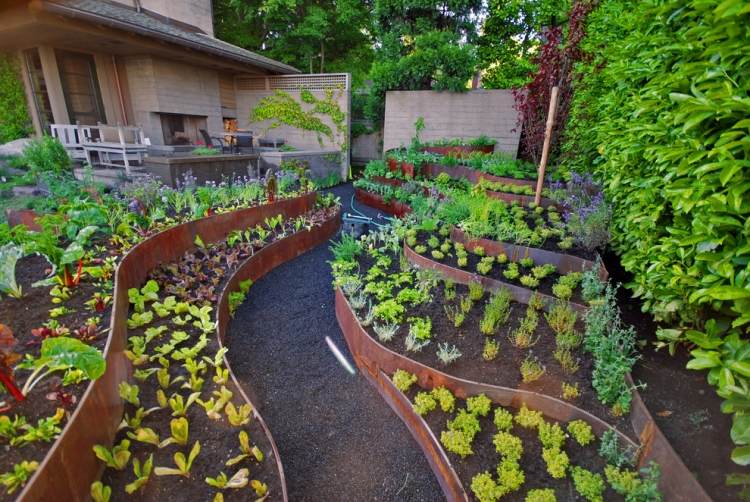 corten stål-trädgård-idéer-upphöjd säng-grönsaks trädgård