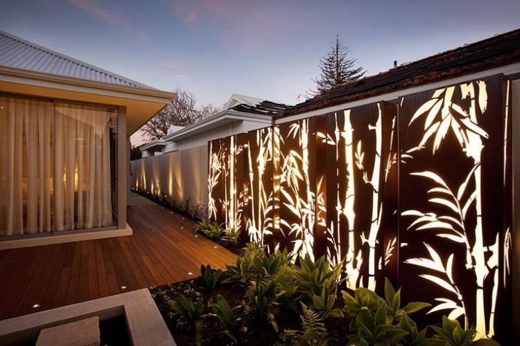 Corten stål sekretess skärm-trädgård-bambu-motiv-led-belysning