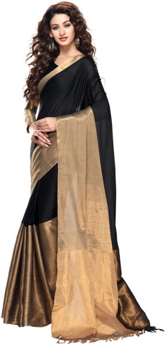 The Solid Gold And Black Cotton Saree
