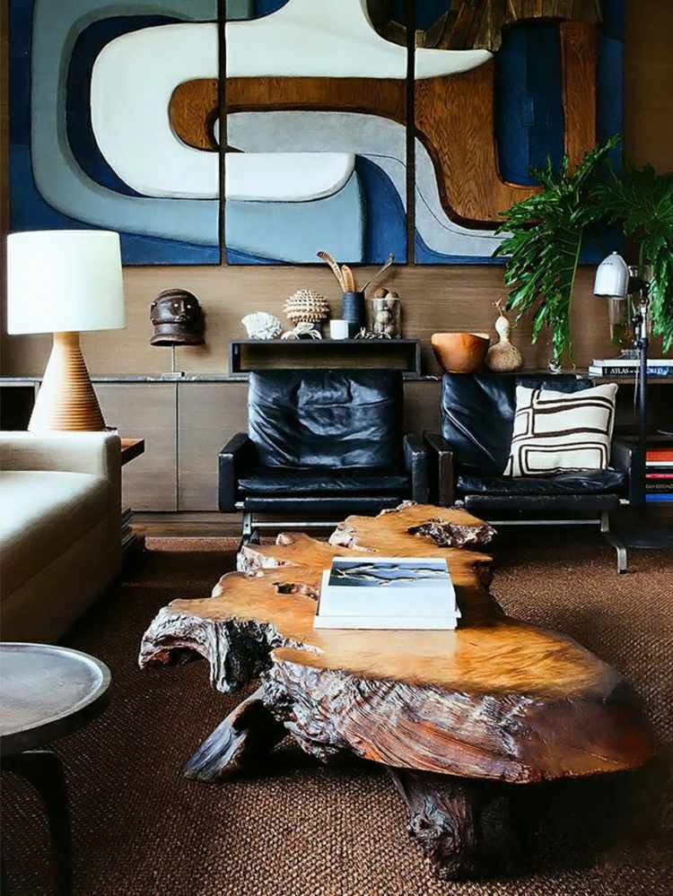 Soffbord av träskiva modern-bordslampa-soffa-fåtölj-läder-svart-bild-kasta kuddar-naturliga material-böcker