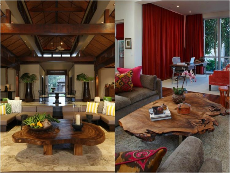 soffbord-träskiva-vardagsrum-soffa-träbjälkar-fruktskål-orkidé-böcker-gardiner-rött