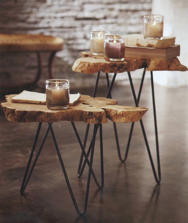 Soffbord-trä-skiva-stål-bord-ben-ljusstake-böcker-rustik-låg-hög