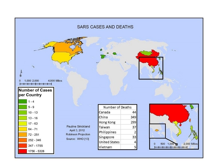 SARS coronavirus dödsfall världskarta