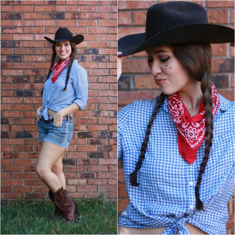 cowboy-smink-cowgirl-fräknar-läderhatt-flätad frisyr-bandana-halsduk-rutig skjorta-cowboystövlar
