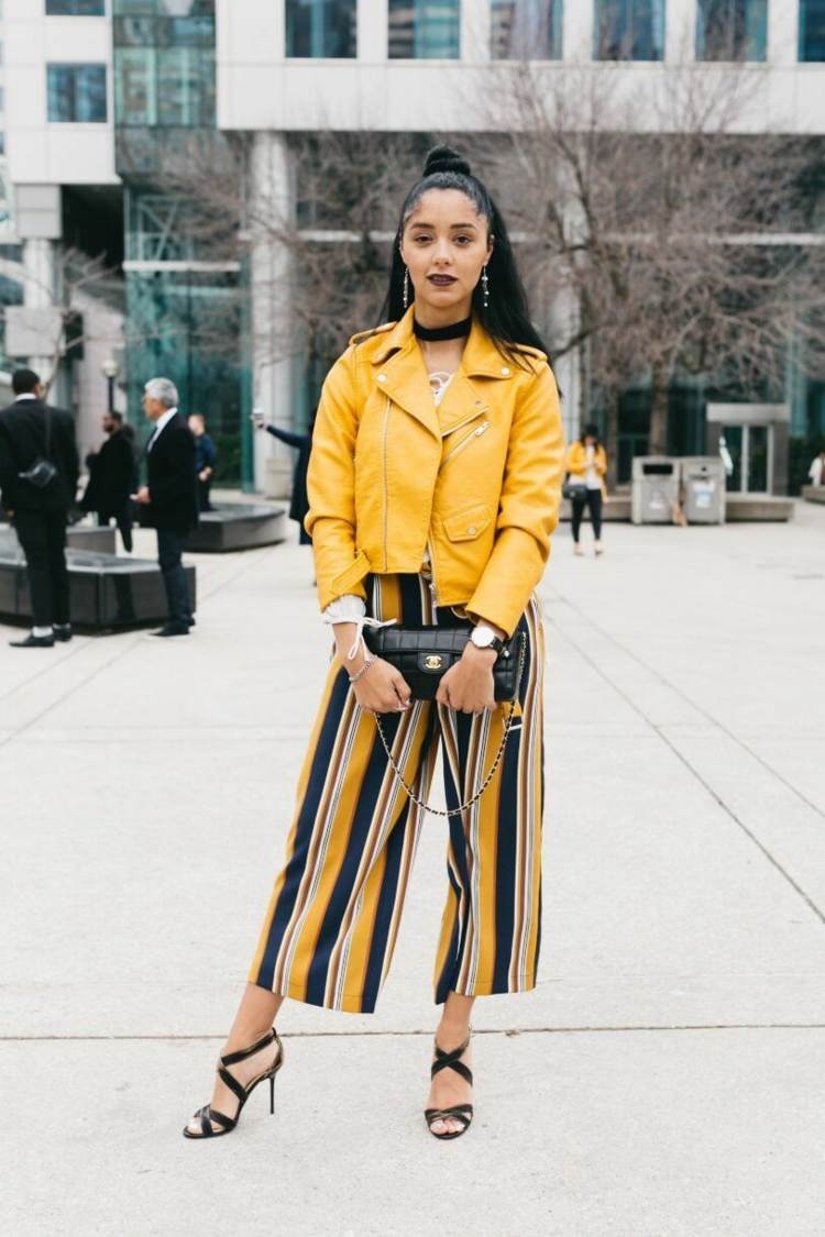 gula culottes kombinerar gul läderjacka handväska modetrender kvinnor