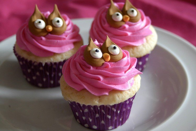 cupcake-frosting-rosa-dekoration-ugglor-gör-det-själv-idé-barns födelsedagsfest