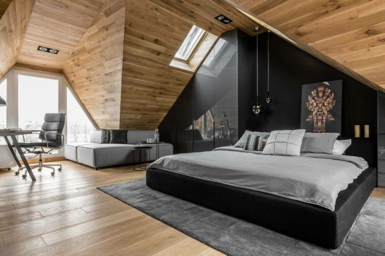 Ställ upp snedtak sovplats-säng-svart-möbler