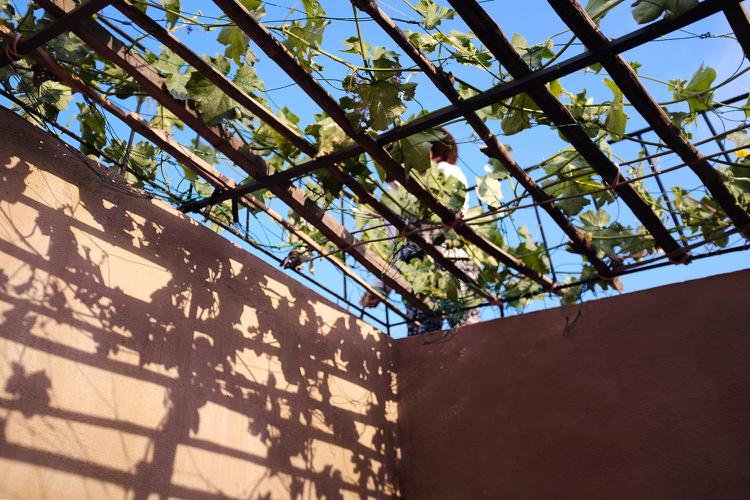 Modern stadsvilla med pergola på taket och innergården