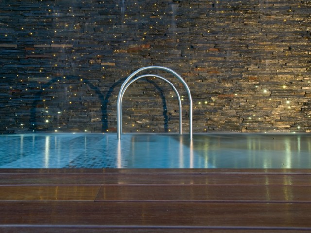 Pool trä terrass mosaik plattor LED fairy lampor