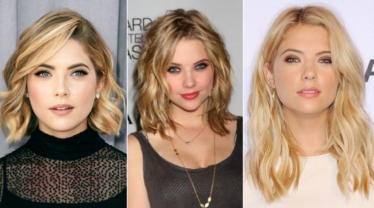 damer-övergångsfrisyrer-medellång-lång-steg-klipp-blond-hår-ashley-benson