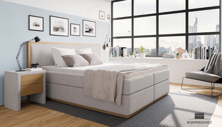 box-spring-säng-ljusgrå-trä-kombination-modern-väggkonst-