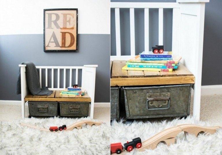 Konvertera spjälsängen till en bänk med förvaringsutrymme för leksaker i barnkammaren