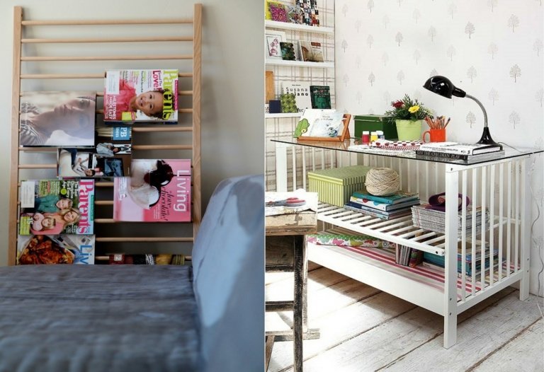 Inred huset med DIY -möbler från baby- och barnsängar - står för tidskrifter och ett glasbord