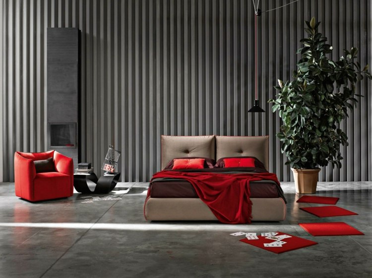 säng-sovrum-java-röd-grå-färger-idé-textil-design-fåtölj-modern