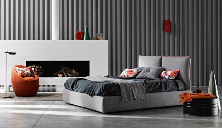 säng-sovrum-dubbel-öppen spis-minimalistisk-vägg-design-3d-tapeter-röd-stol