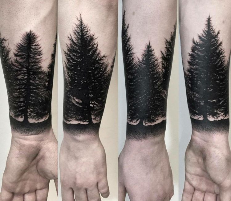 blackwork tatuering skog-träd-natur-siluett-skugga