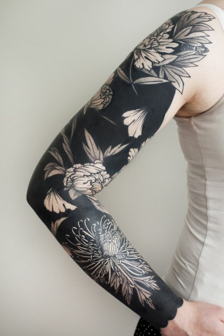 blackwork-tattoo-sleeve-arm-men-flowers-exotic