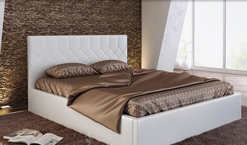 Vit läderbädd-högt sänggavel-naturlig-vägg-design-shaggy-matta