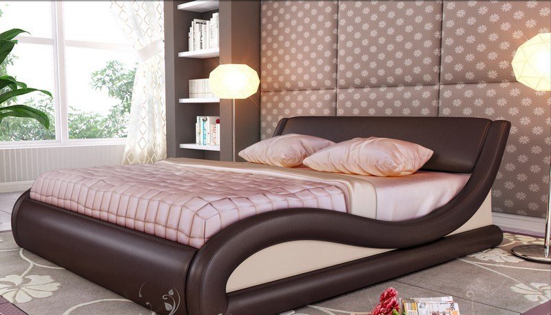 Läder säng-brun-grädde-rosa-sängkläder-taupe-sovrum