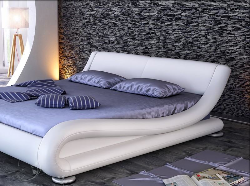 läder säng-vit-natursten vägg-planka golv-grå-lila-sängkläder