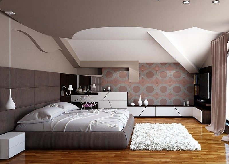 Säng i läder-brunt-parkettgolv-vit-skåpfronter-sängbord