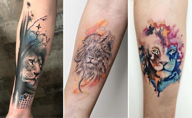 vacker akvarell tatuering i ljusa färger med lejon