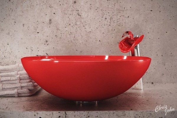 modernt wellness badrum sten design djärvt rött handfat