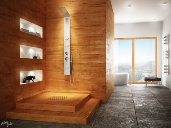 modernt badrum med wellness atmosfär träpanel sten golv