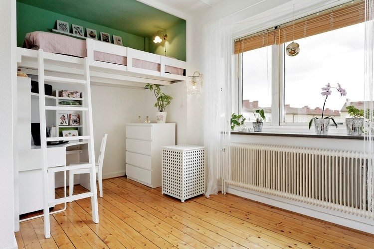 Modern loftsäng för vuxna golvbräda-grön-vägg-färg-skrivbord-nedan