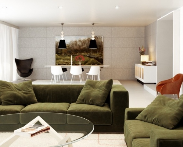 ställ in vardagsrumsdesign grön soffa