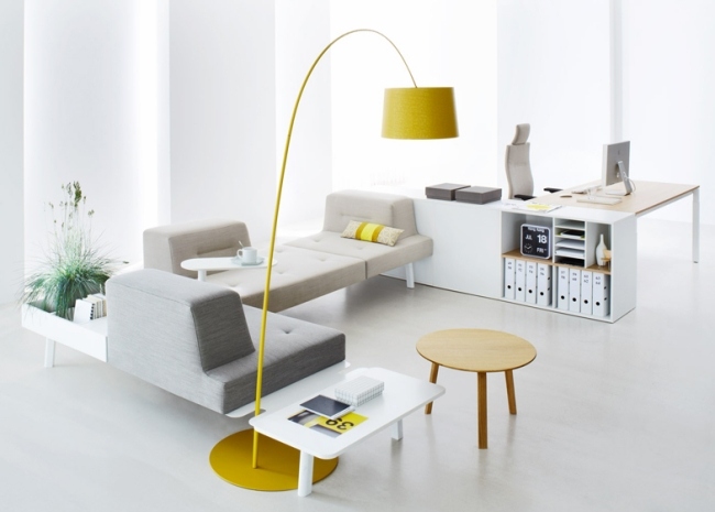 Modulära möbler för hemmakontor golvlampa gul sidobord design trä