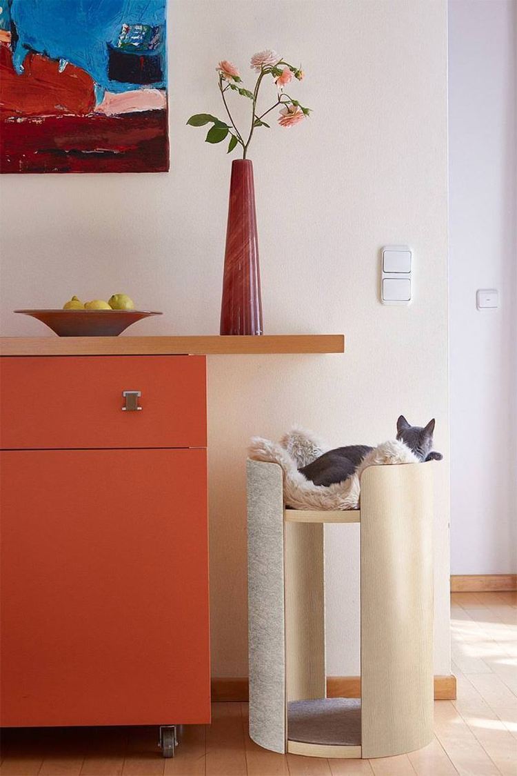 Designer katt träd skrapa yta trä naturligt liggande och tittar plattform