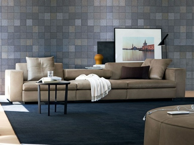 Mosaikplattor vardagsrum soffa läder beige