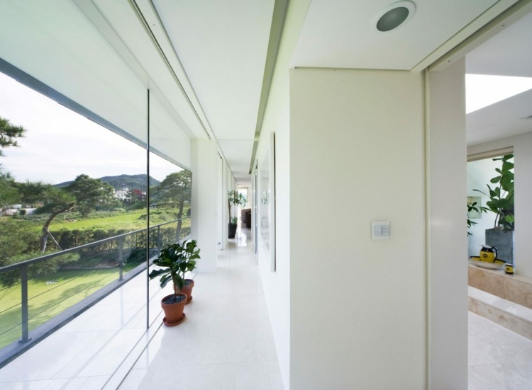 Balkongräcke-glas-glas-front-landskap-inomhusväxter-hall-utsikt-terrass-tak-ljus-trappsteg
