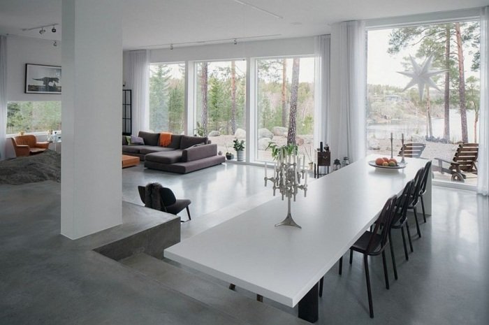 matbord designidé stort vitt betonggolvhus sverige