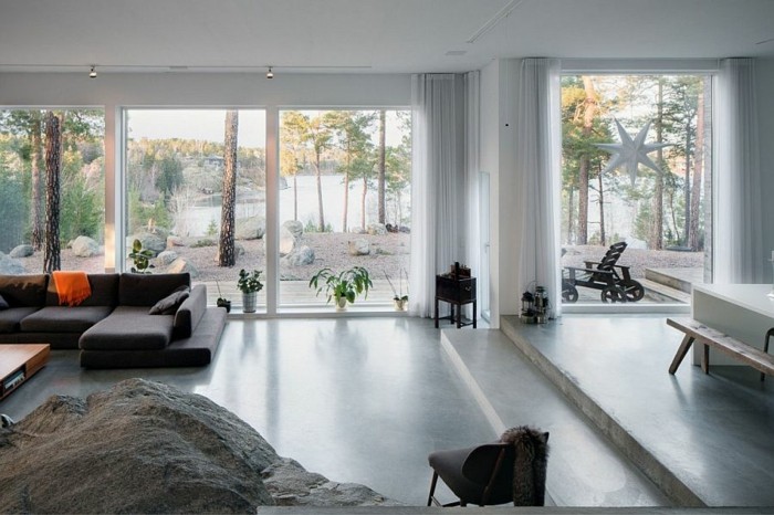 vardagsrum design visa trädgård sjö soffa fönster