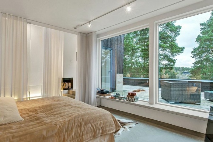 sovrum design idé beige fönster terrass gardiner