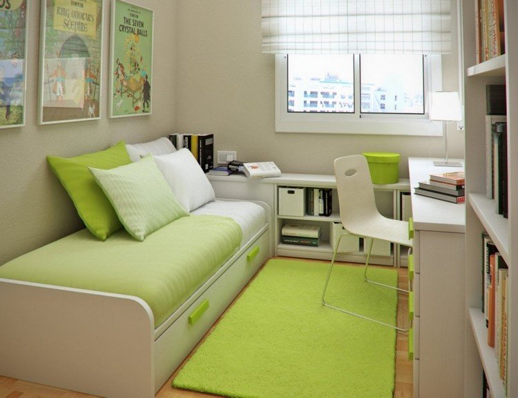 Studentrum-inredning-vit-grön-sittdyna-säng-istället-bäddsoffa-matta-väggmålningar-persienner