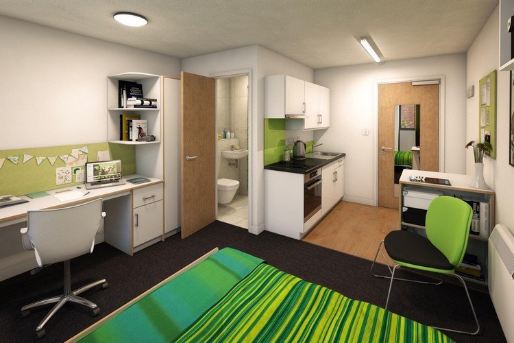 student-rum-inredning-ett-rum-lägenhet-mini-kök-badrum-svart matta-skrivbord