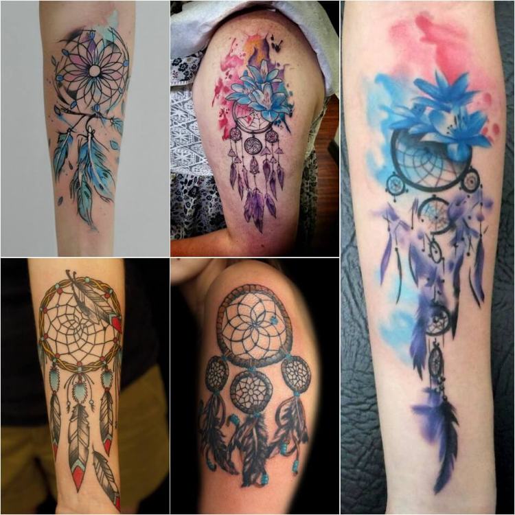 Drömfångare tatuering färgglada motiv kombinationer akvarell