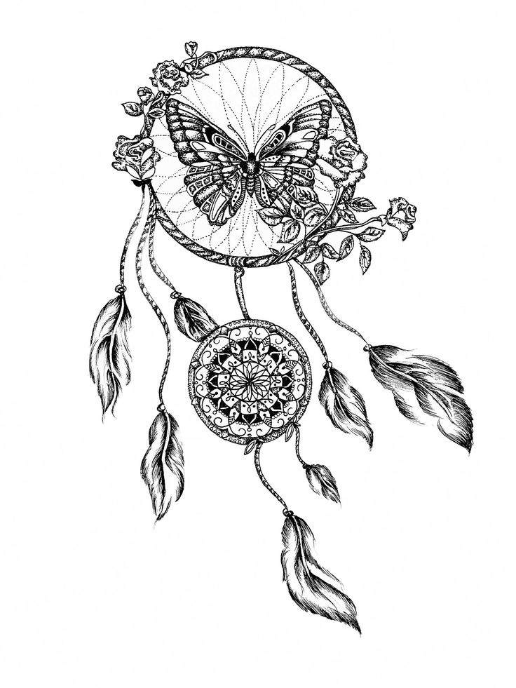 Drömfångare tatuering mall med rosor och fjäril