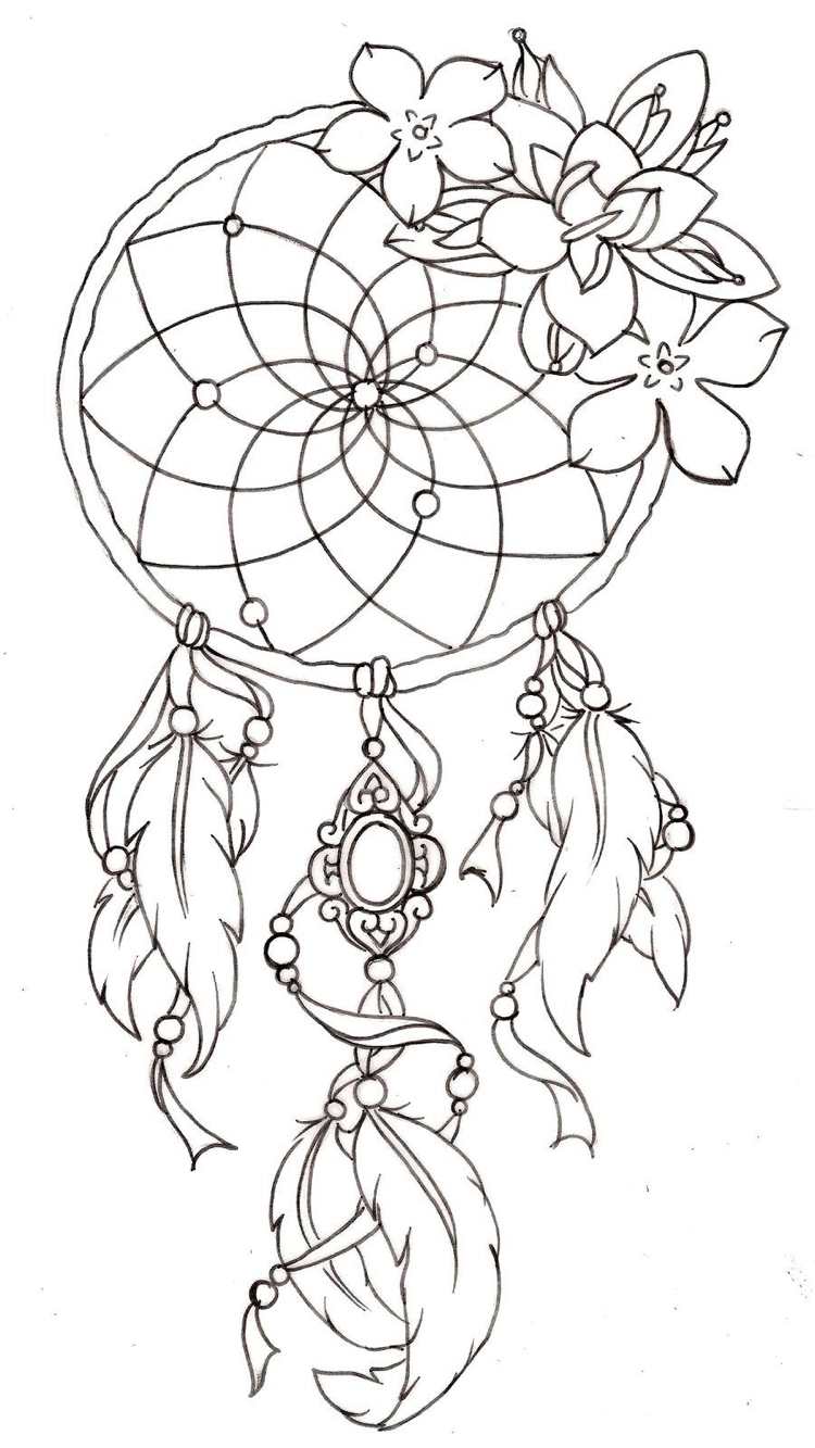 Drömfångare tatuering mall med blommor ädelsten pärlor
